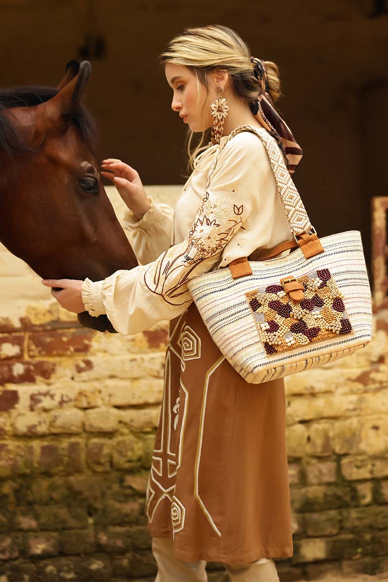 Handcrafted Earth-Tone Embellished Handbag