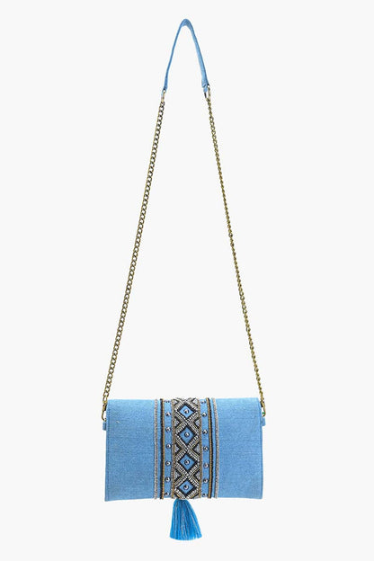 Boho Chic Beaded Denim Clutch with Tassel