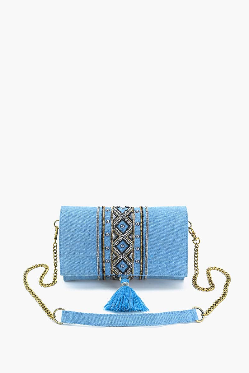 Boho Chic Beaded Denim Clutch with Tassel