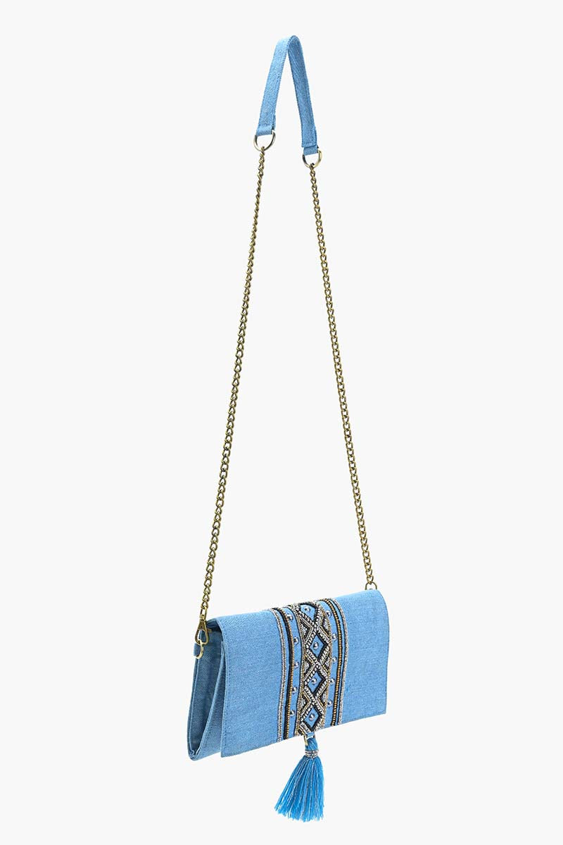 Boho Chic Beaded Denim Clutch with Tassel