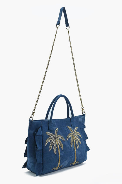 Palm Glitz Embellished Denim Tote