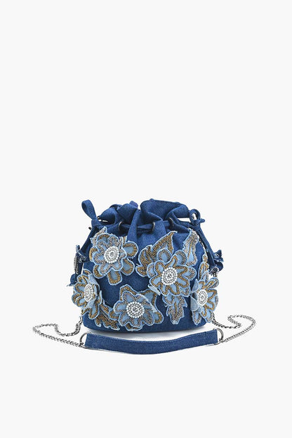 Stylish Blue Floral Embellished Drawstring Bag