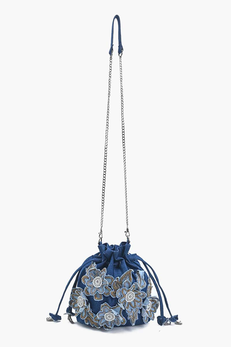 Stylish Blue Floral Embellished Drawstring Bag