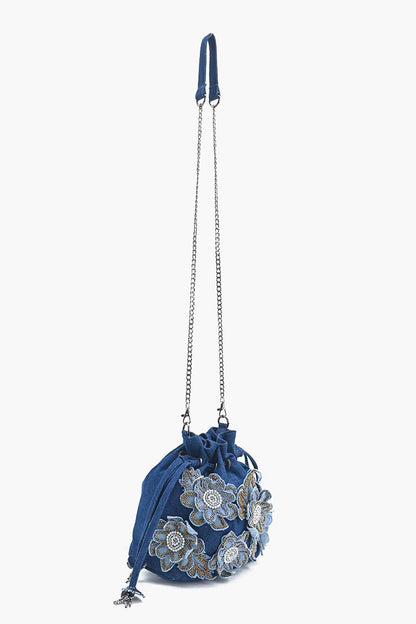 Stylish Blue Floral Embellished Drawstring Bag