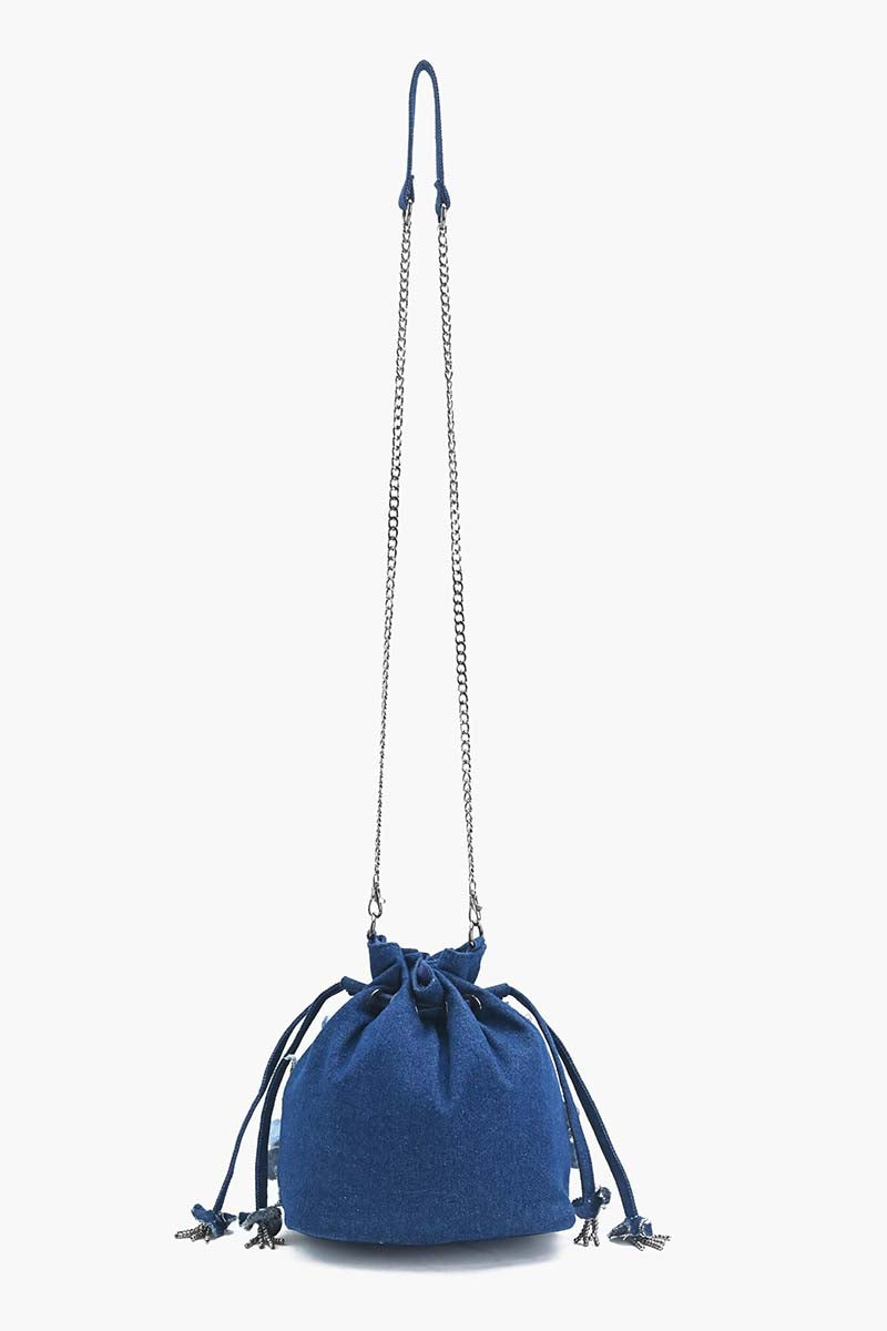 Stylish Blue Floral Embellished Drawstring Bag