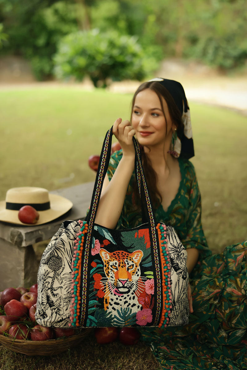 Tropical Leopard Embellished Tote