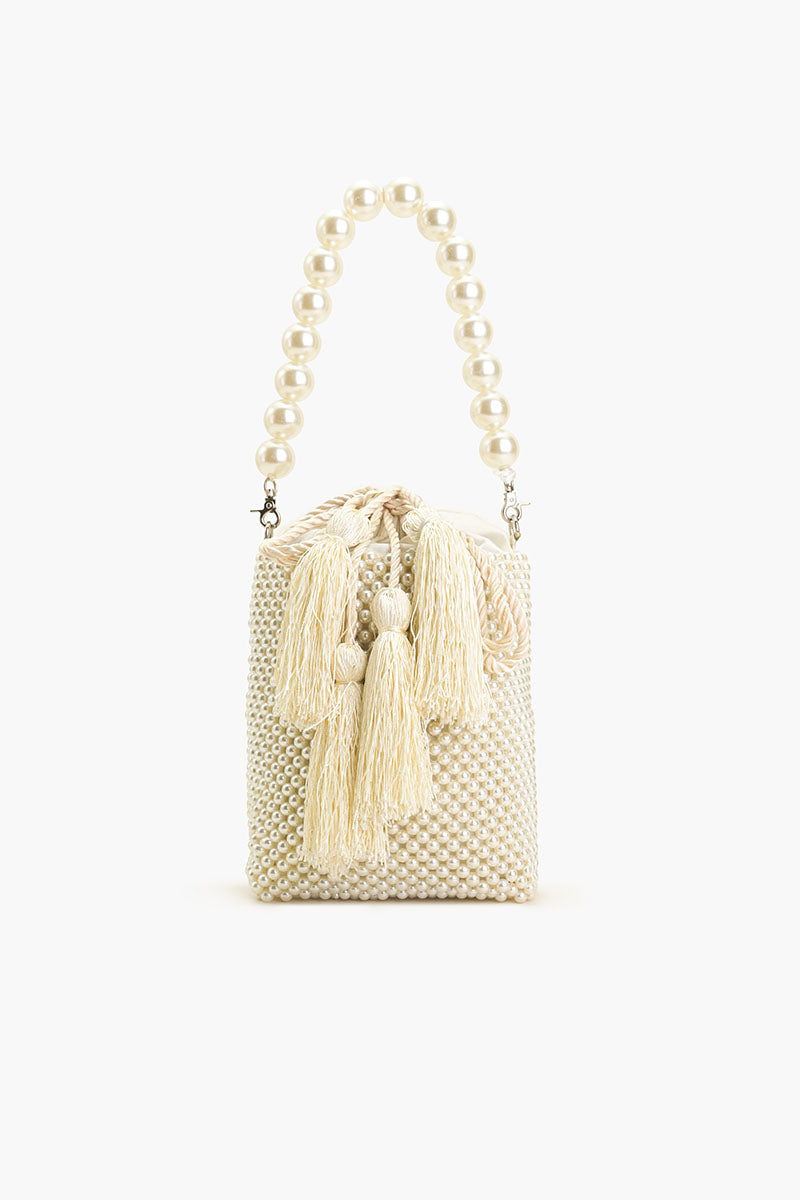 Pearl White Beaded Top Handle Bag