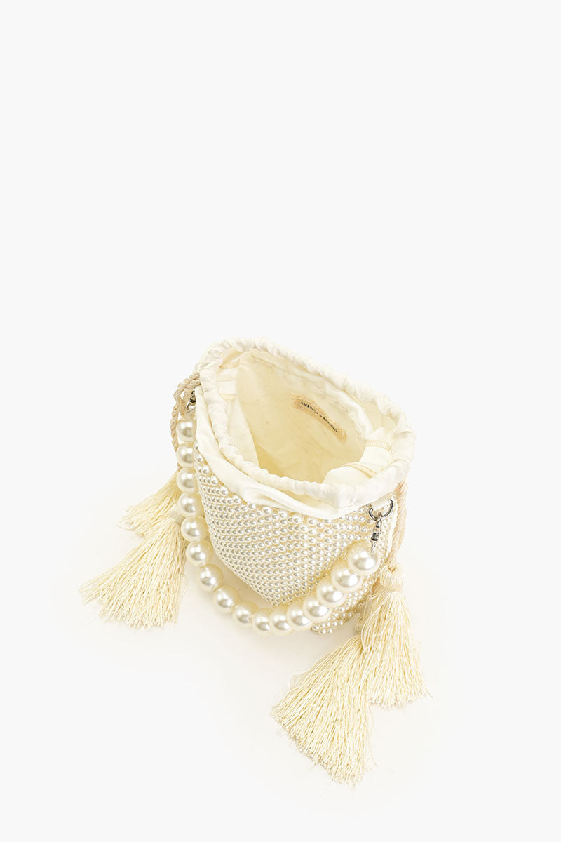 Pearl White Beaded Top Handle Bag