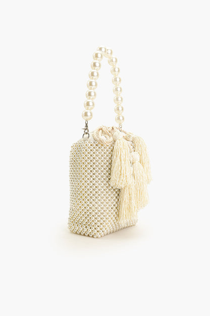 Pearl White Beaded Top Handle Bag