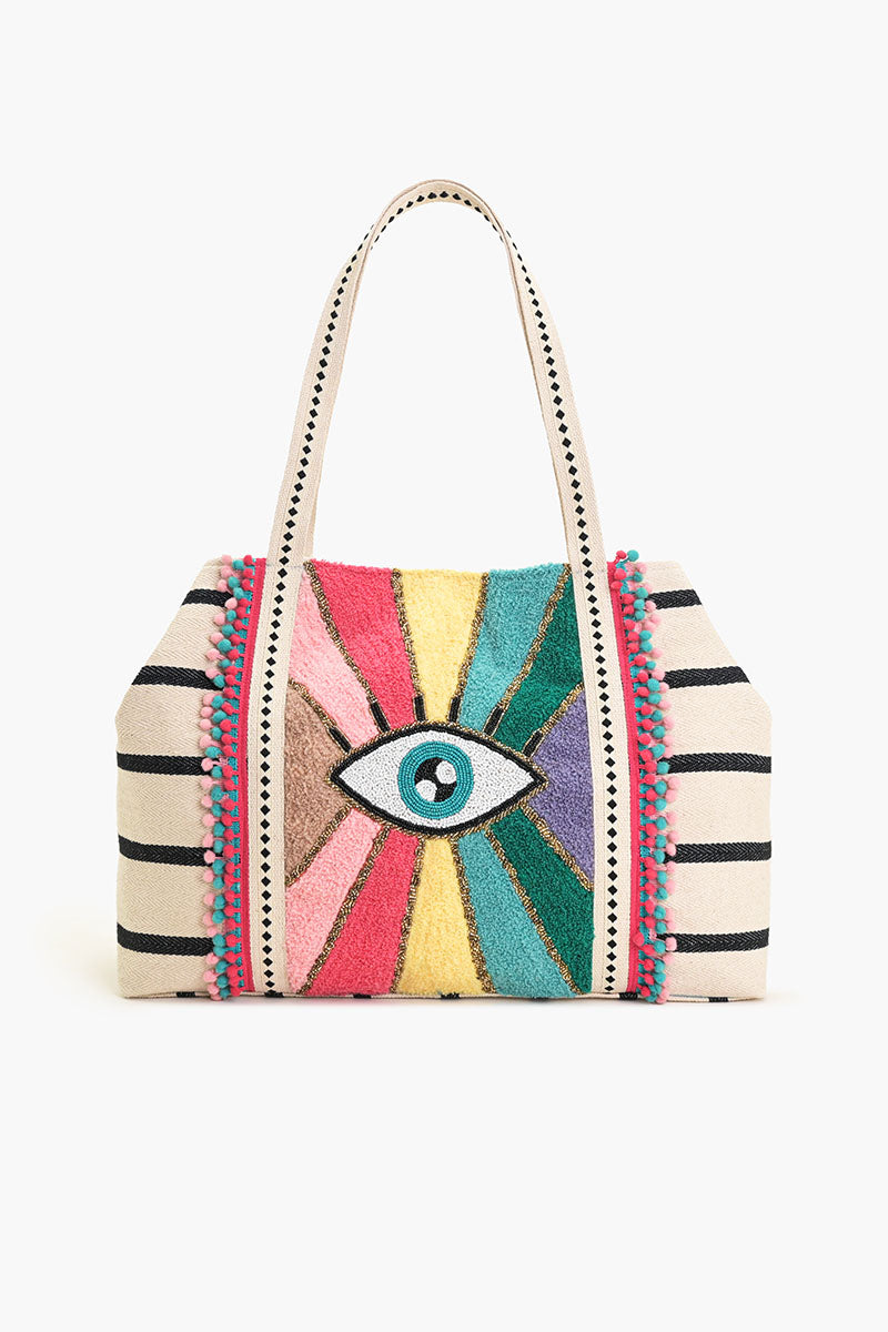 Rainbow Evil Eye Embellished Tote