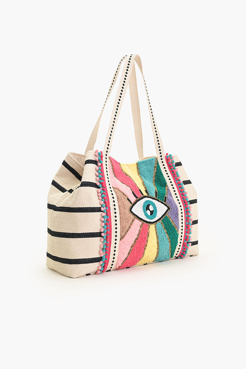 Rainbow Evil Eye Embellished Tote