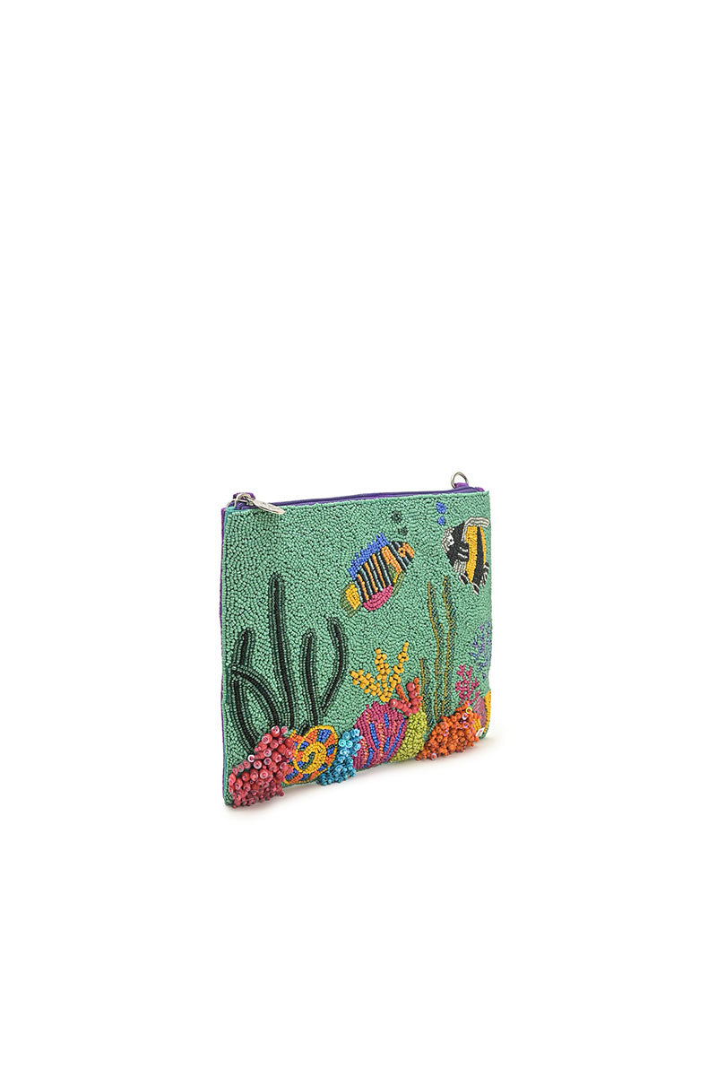 Sea Life Embellished Top Zip Clutch