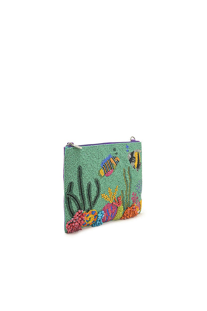 Sea Life Embellished Top Zip Clutch