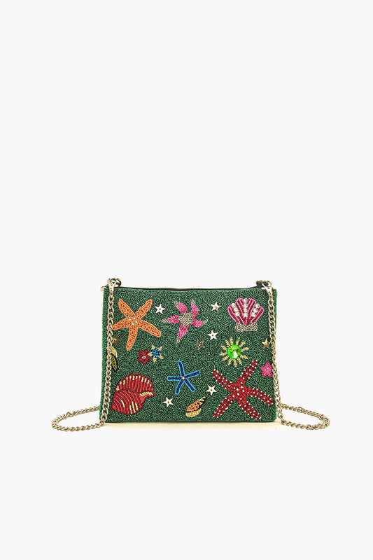 Emerald Sea Life Beaded Top Zip Clutch