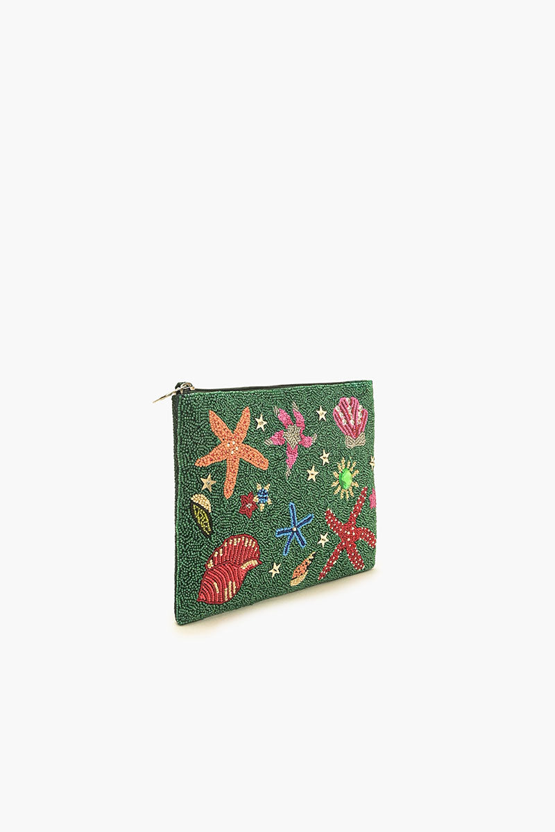 Emerald Sea Life Beaded Top Zip Clutch