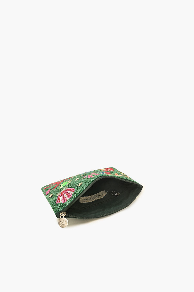 Emerald Sea Life Beaded Top Zip Clutch