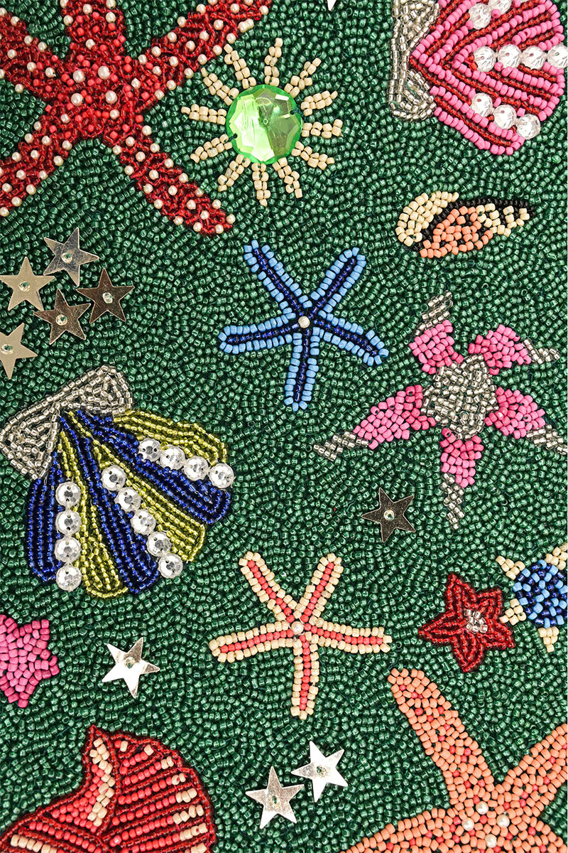 Emerald Sea Life Beaded Top Zip Clutch