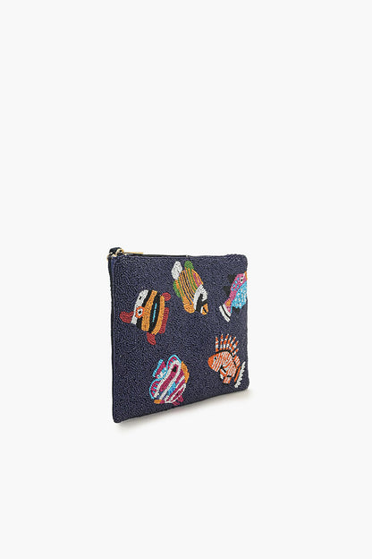 Colorful Fish Beaded Top Zip Clutch