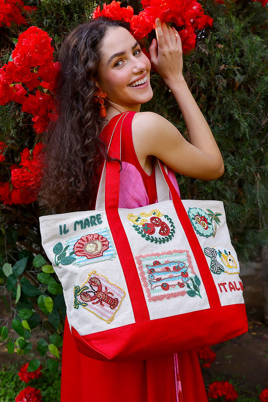 Postcard From Italy Destination Beaded Boat Tote