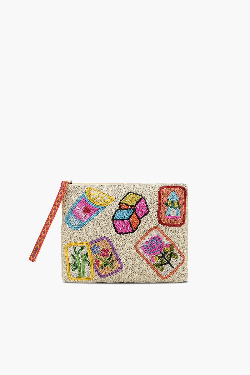 Mahjong Glam Fully Hand-Beaded Top Zip Clutch