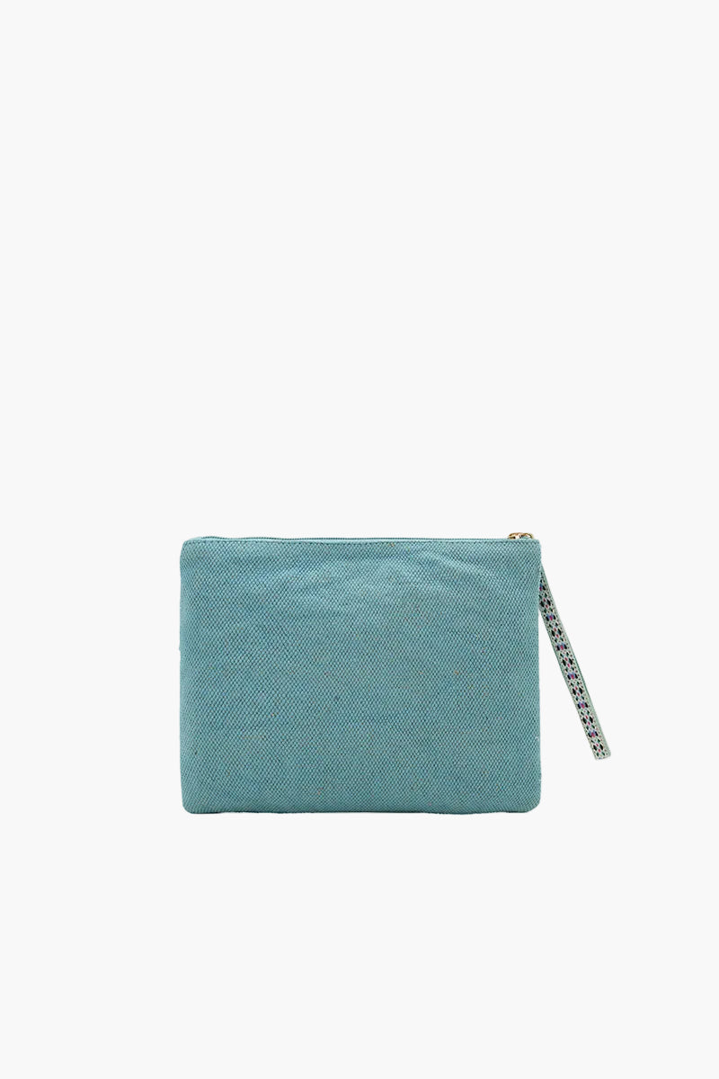 Teal pouch with a zipper on a white background