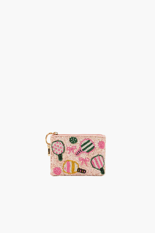 Small pouch with floral and tennis racket designs on a white background