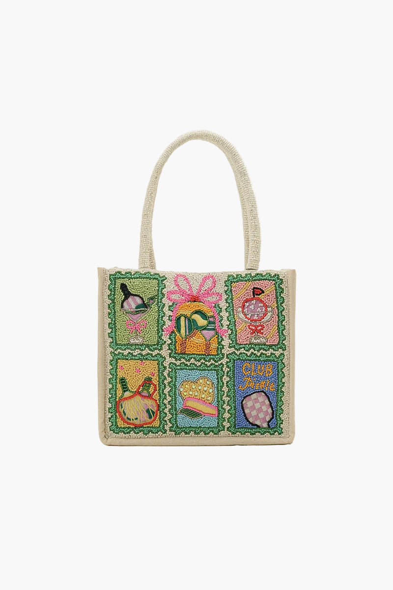 Decorative tote bag with colorful designs on a white background