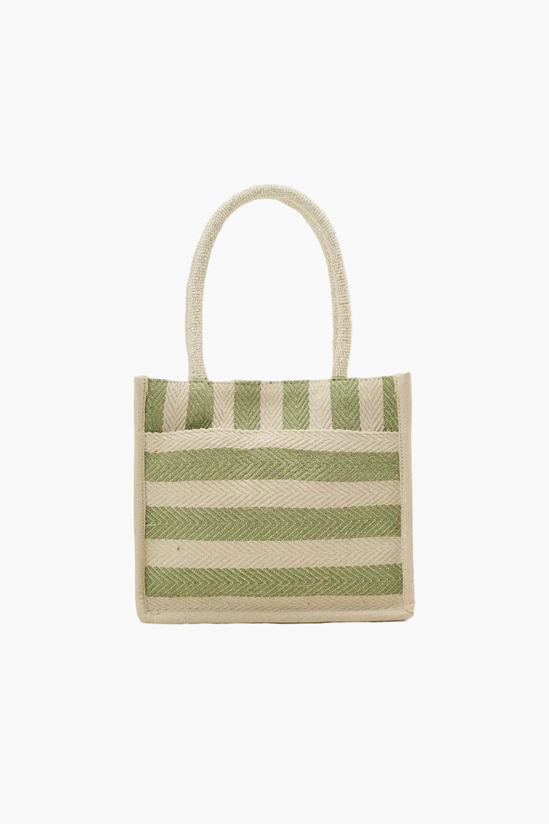 Green and beige striped tote bag on a white background
