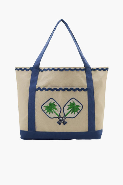 Beige tote bag with blue trim and palm tree design on a white background