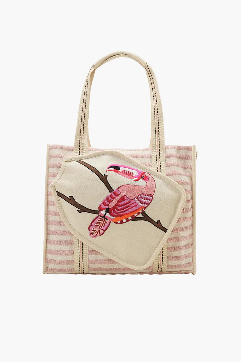 Striped tote bag with a bird design on a white background