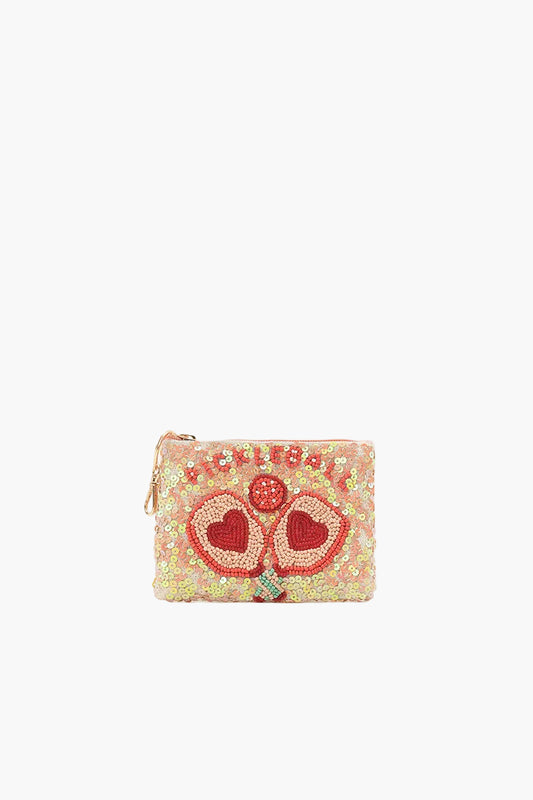 Sequined pouch with red hearts and 'Pickle Bottom' branding on a white background