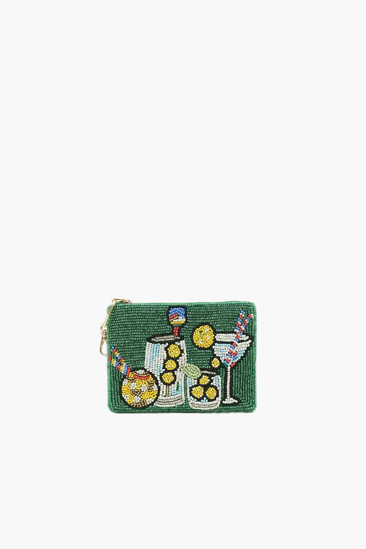 Green beaded purse with colorful embroidered design on a white background