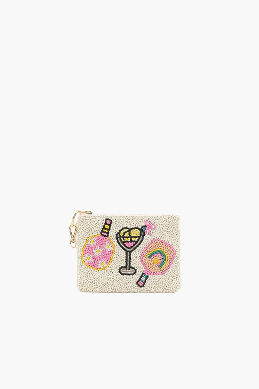 Beige pouch with colorful drink-themed embellishments on a white background