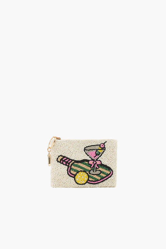 Beaded pouch with cocktail design on a white background