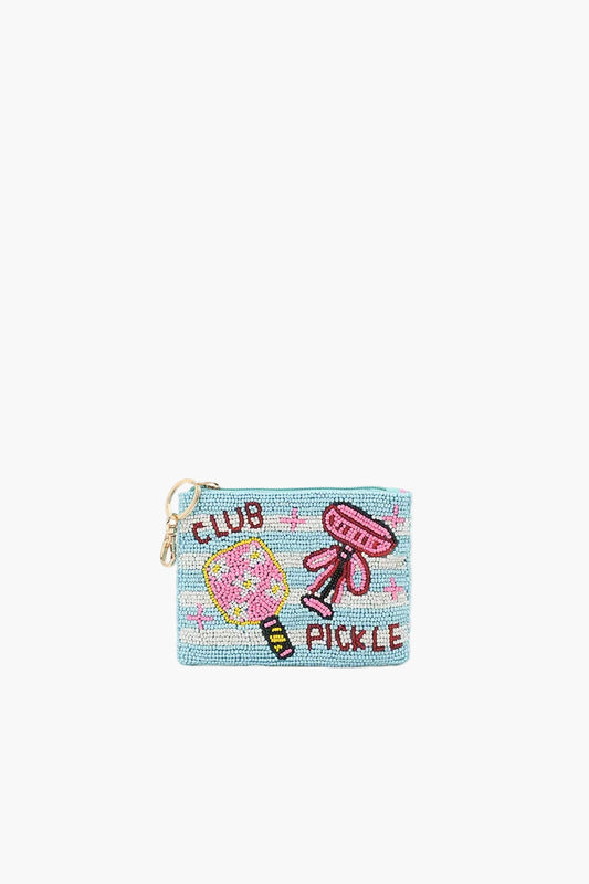 Embroidered pouch with colorful designs and text on a white background