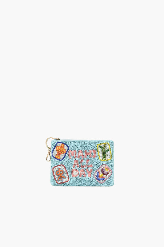 Embroidered pouch with colorful designs and text on a white background