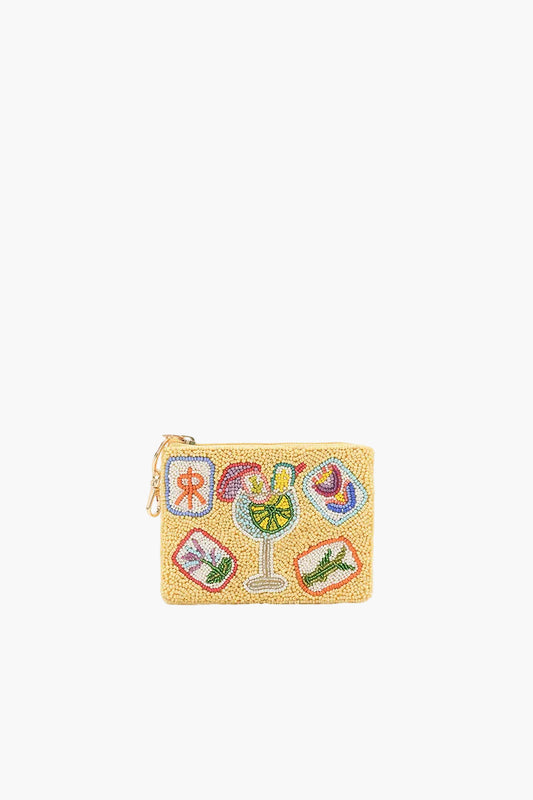 Beaded pouch with colorful designs on a white background