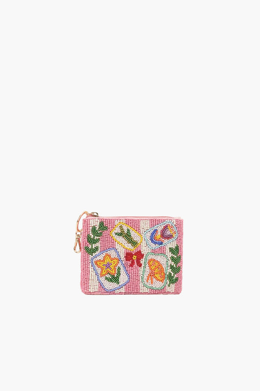 Small pouch with colorful embroidered designs on a white background
