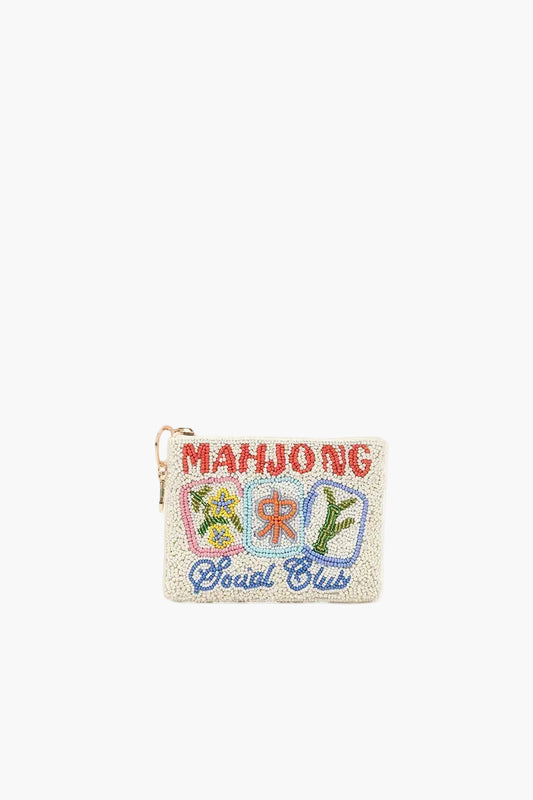 Small pouch with colorful text 'MAHJONG EASY Social Club' on a white background