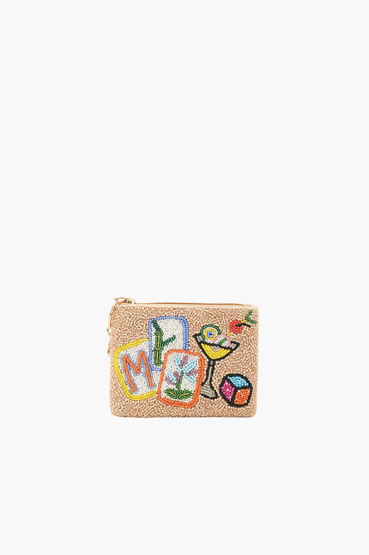 Beaded pouch with colorful designs and text on a white background
