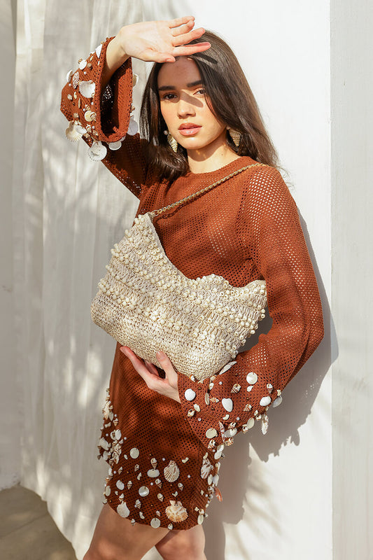 Ivory Peak Raffia Beaded Shoulder Bag