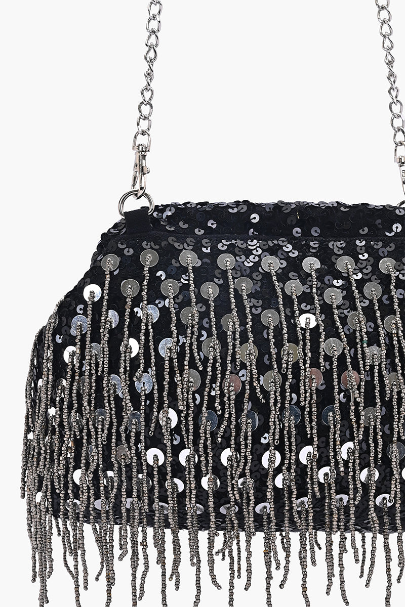 Onyx Glam Fringe Evening Clutch