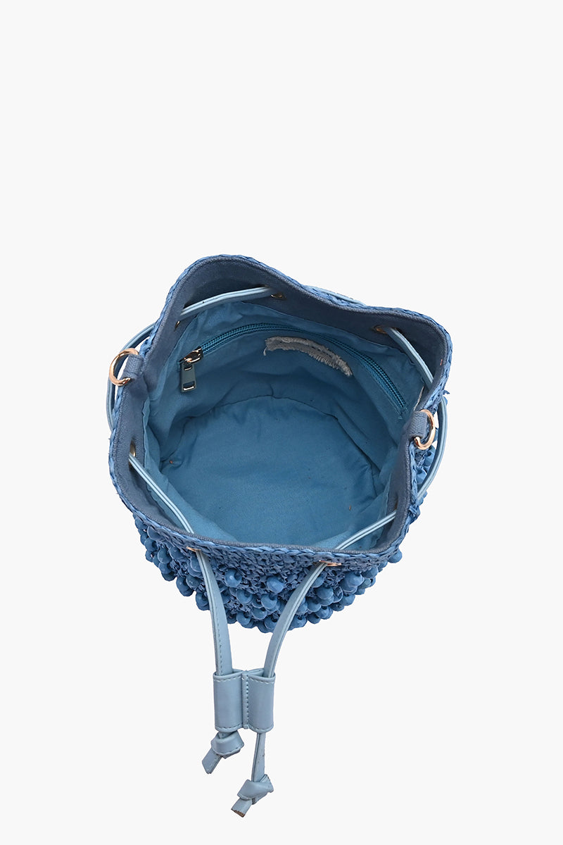 Blue Lagoon Raffia Drawstring Bag