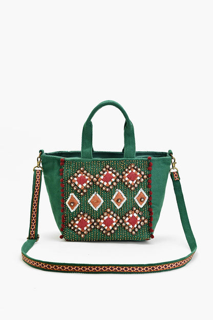 Embellished Tote Mini with Adjustable Strap Green Geo