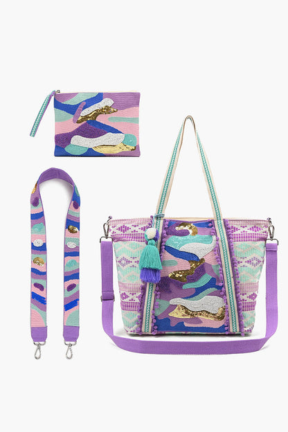 Embellished Tote, Crossbody and LG Pouch Bundle-Lilac Camo