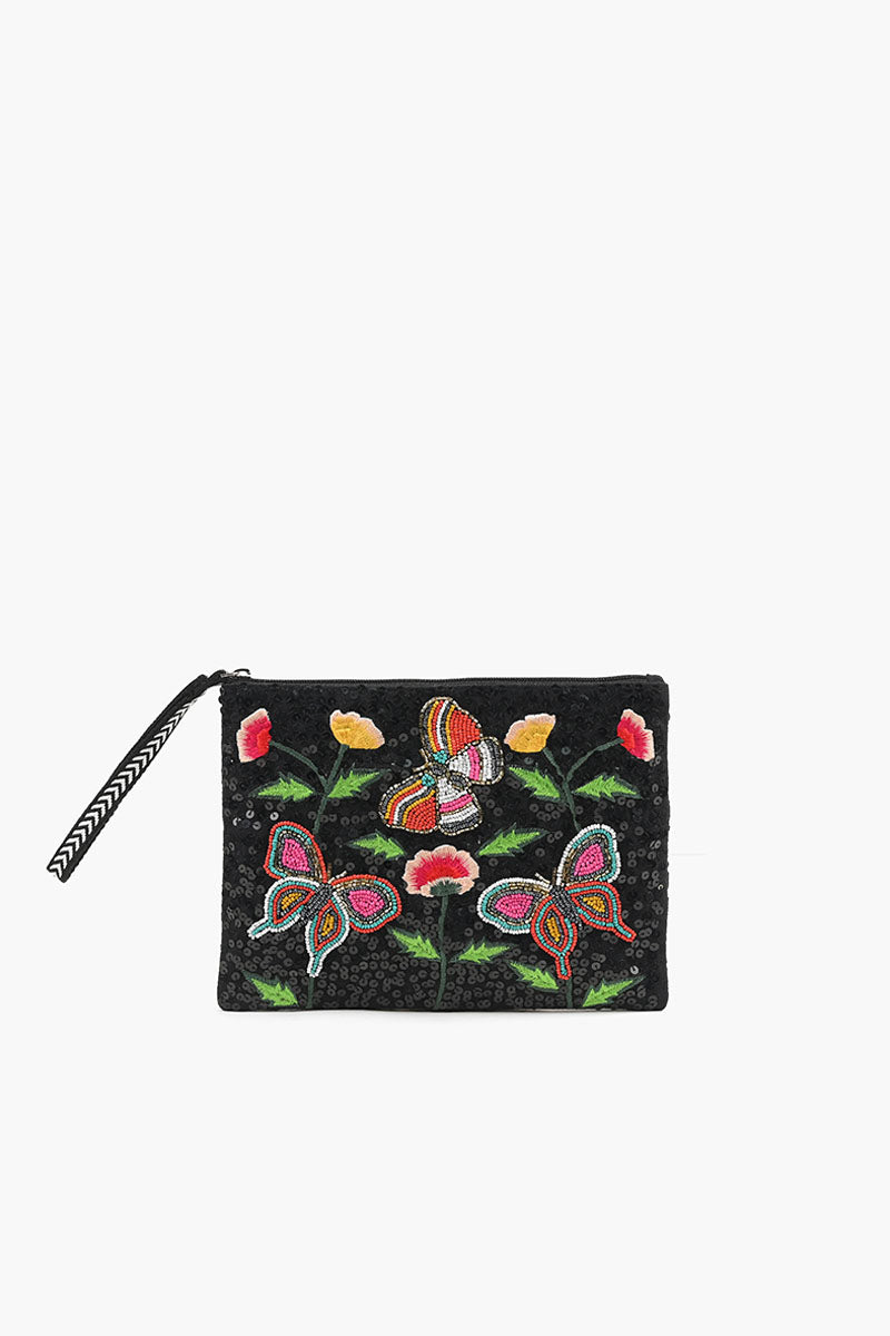 Medium Tote with Bag Strap & Pouch Black Butterfly