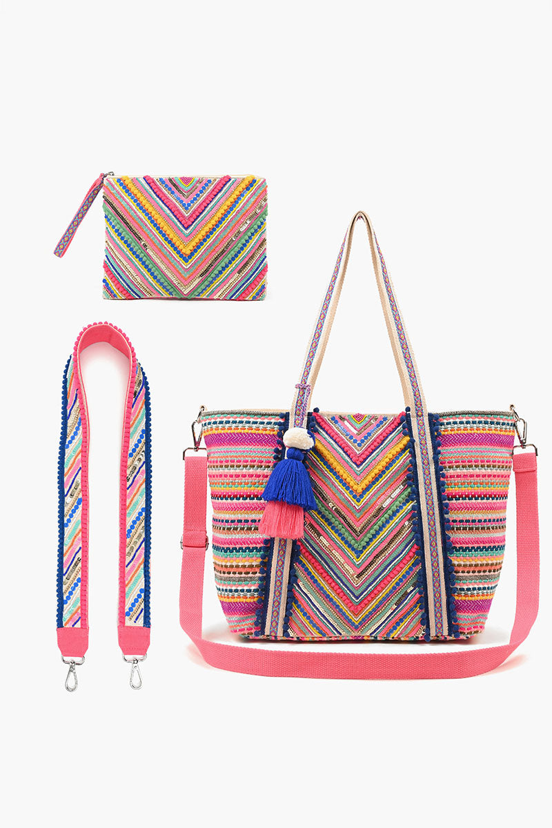 Embellished Tote, Crossbody and LG Pouch Bundle-Rad Rainbow