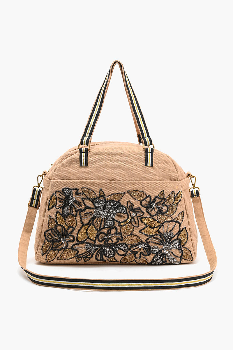 Glamorous Embellished Traveler with Crossbody-Floral Beige