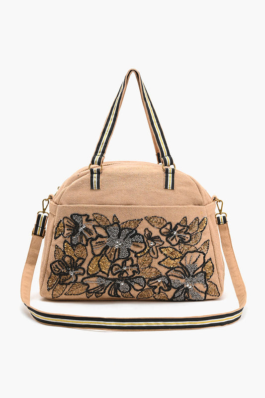 Glamorous Embellished Traveler with Crossbody-Floral Beige