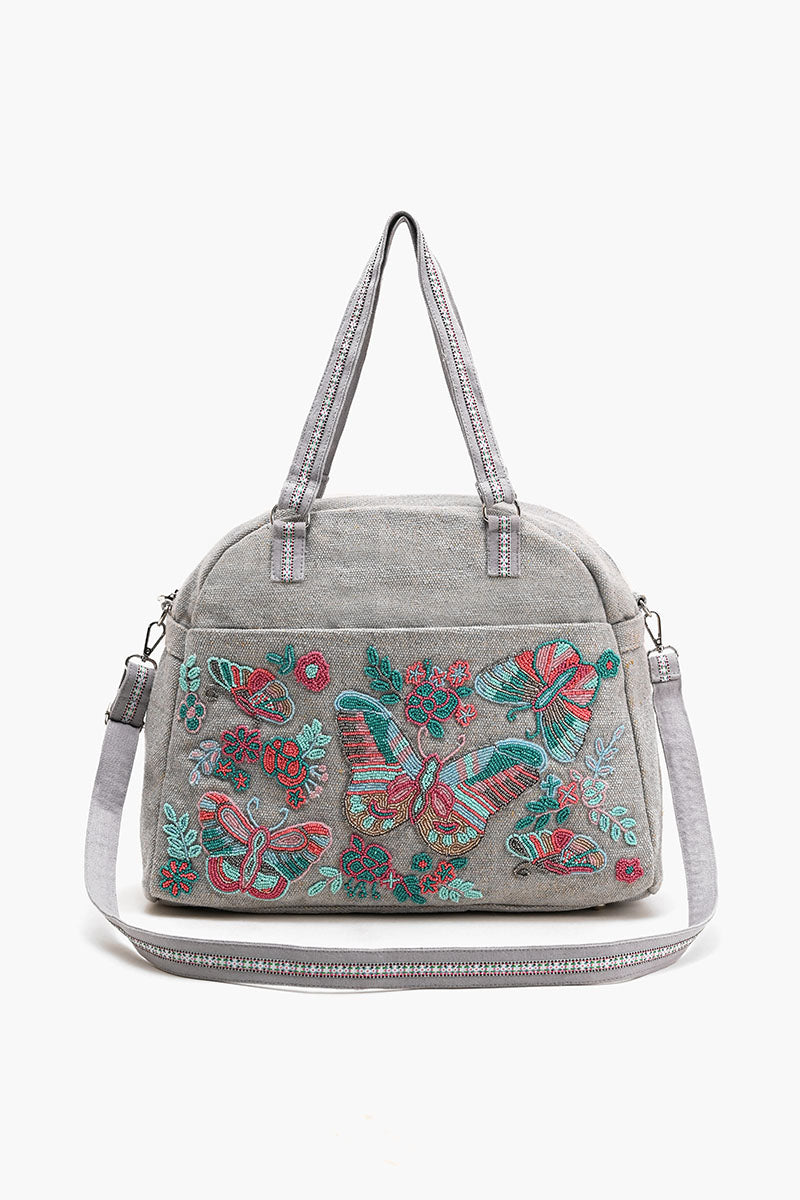 Glamorous Embellished Traveler with Crossbody-Butterfly Grey